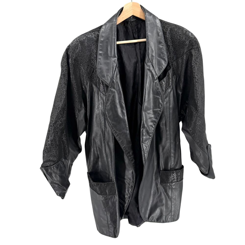 Vintage 80s Black Genuine Leather Textured Panel Blazer Jacket